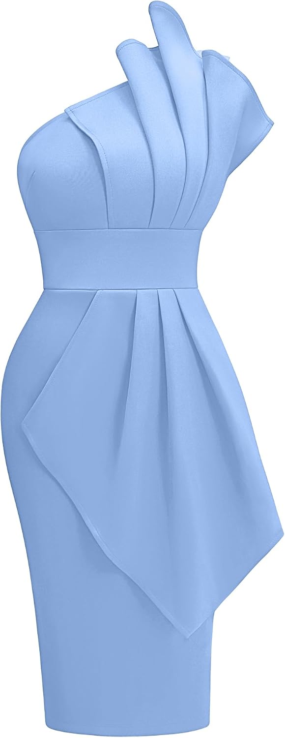 Memoriesea Women's One Shoulder Pleated Detail Party Midi Dress | Elegant Bodycon Dress,Midi Length,Stretchy Soft,Wedding Guest Party Dress,Homecoming,Vacation,Formal Event,Birthday,Cocktail