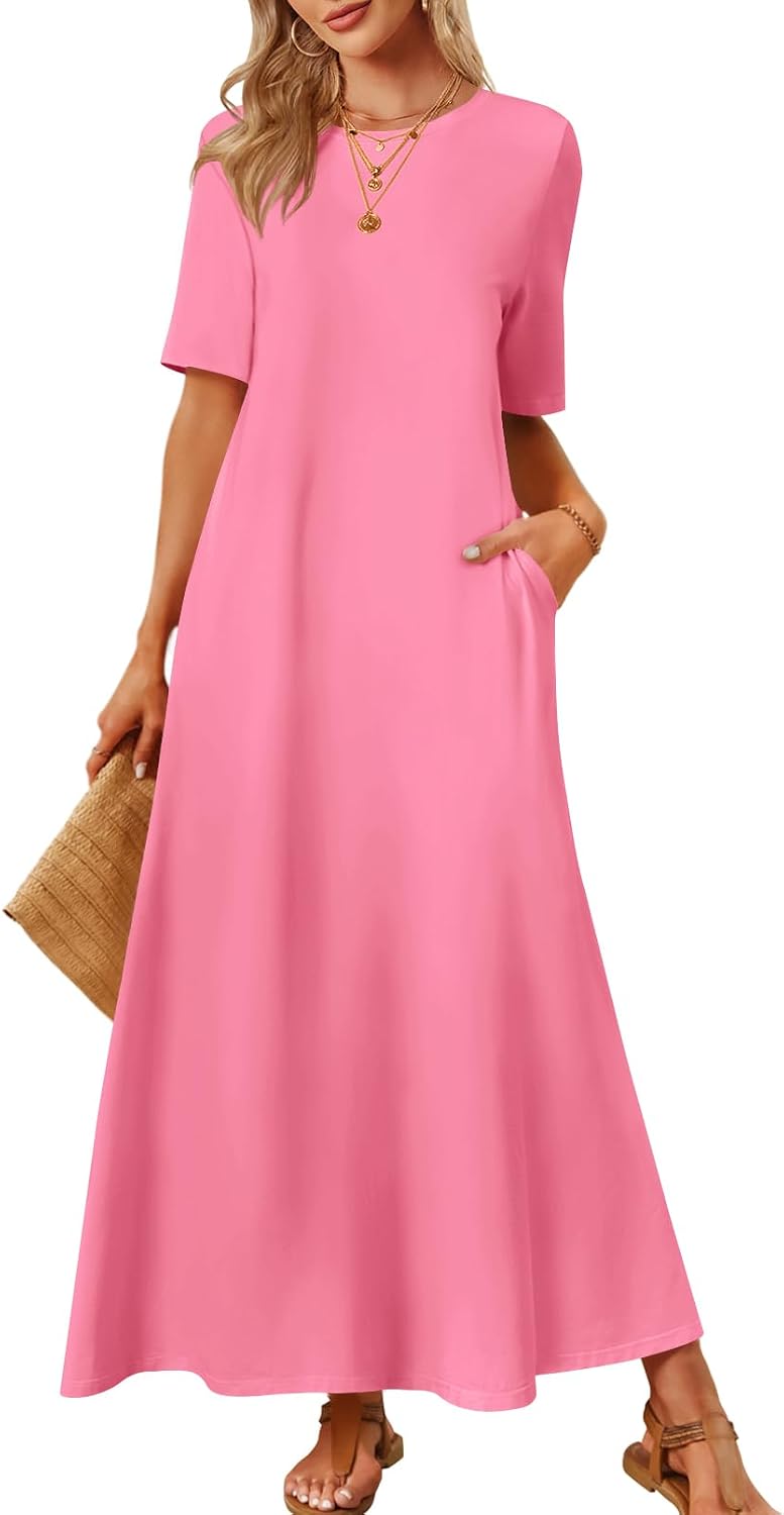 MEROKEETY Womens Summer Casual Short Sleeve Maxi Long Tshirt Dress 2026 | Ladies, Crew Neck, Loose Relaxed Fit, Solid Color, With Pockets, Ankle Length, Modest, Cotton, Classy, Basic, Vacation Outfit