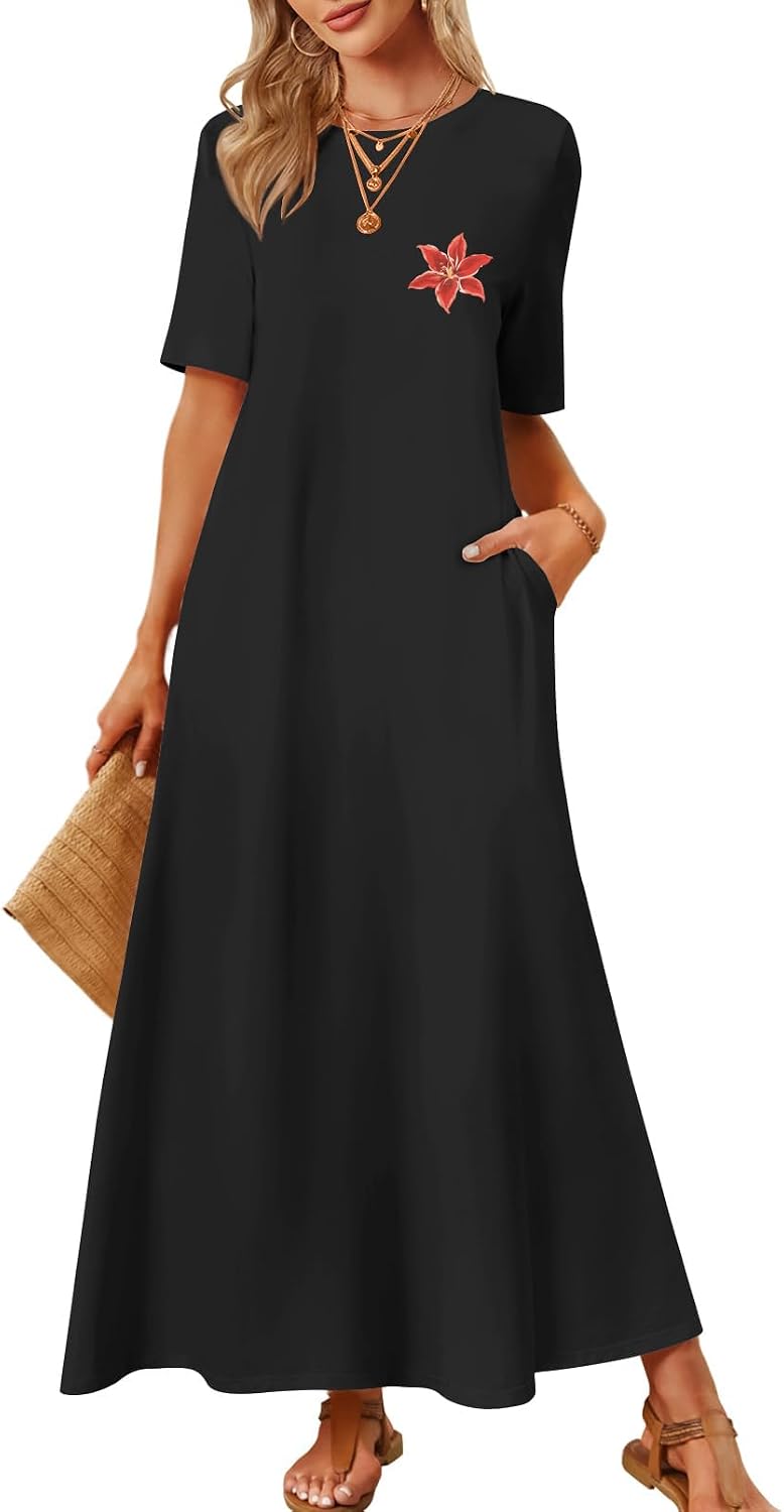 MEROKEETY Womens Summer Casual Short Sleeve Maxi Long Tshirt Dress 2026 | Ladies, Crew Neck, Loose Relaxed Fit, Solid Color, With Pockets, Ankle Length, Modest, Cotton, Classy, Basic, Vacation Outfit