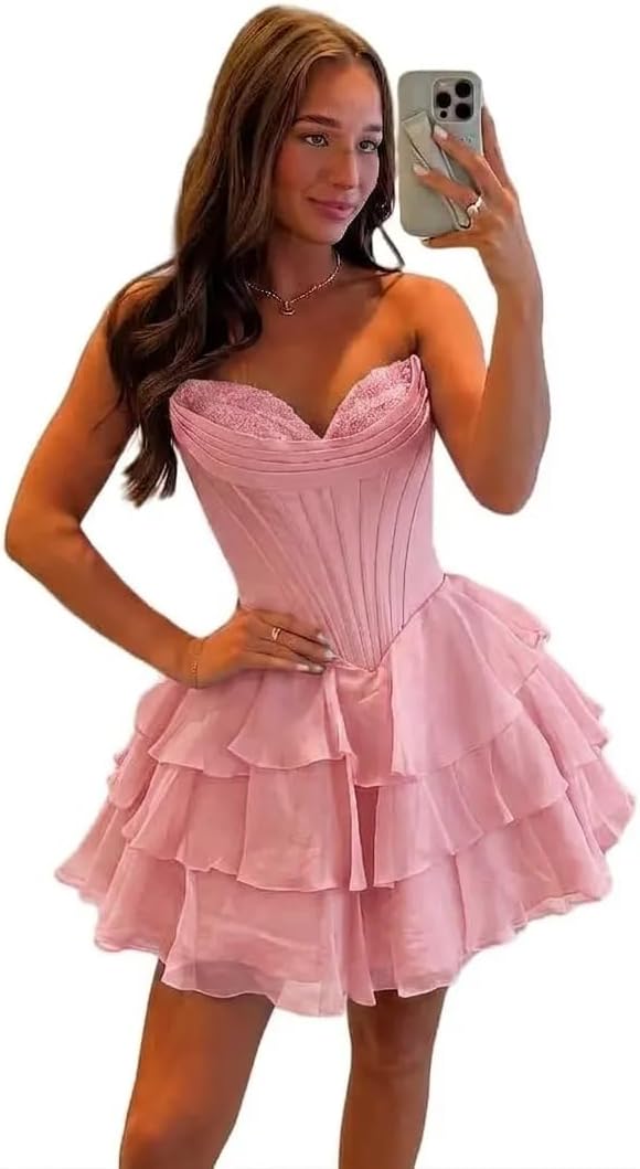 BABYONLINE D.R.E.S.S. Womens Corset Short Homecoming Dresses for Teens Strapless Floral Tiered Cocktail Party Gown
