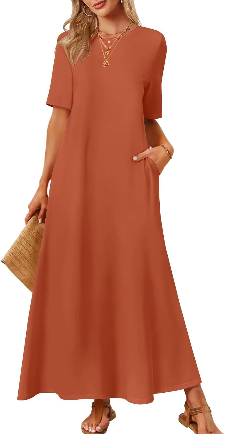 MEROKEETY Womens Summer Casual Short Sleeve Maxi Long Tshirt Dress 2026 | Ladies, Crew Neck, Loose Relaxed Fit, Solid Color, With Pockets, Ankle Length, Modest, Cotton, Classy, Basic, Vacation Outfit