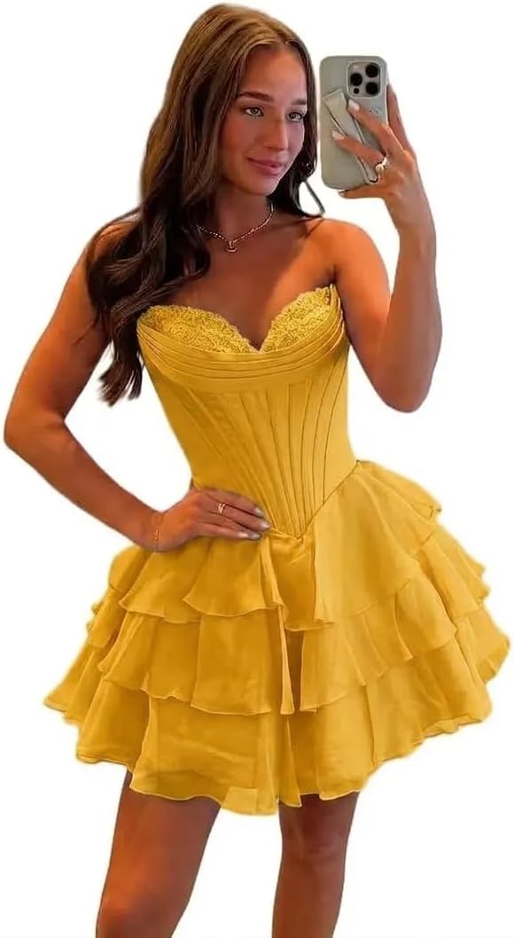 BABYONLINE D.R.E.S.S. Womens Corset Short Homecoming Dresses for Teens Strapless Floral Tiered Cocktail Party Gown