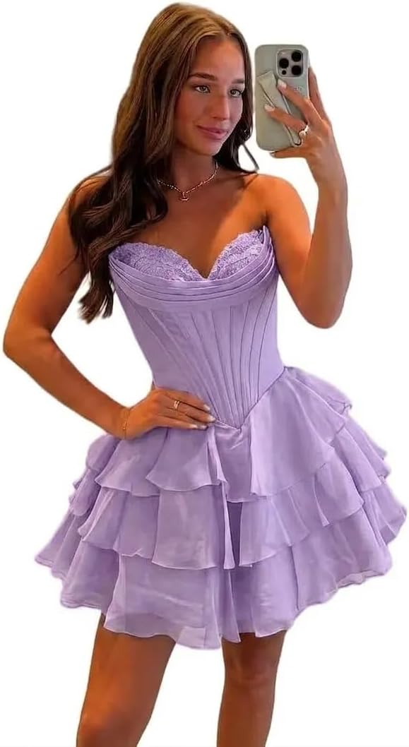 BABYONLINE D.R.E.S.S. Womens Corset Short Homecoming Dresses for Teens Strapless Floral Tiered Cocktail Party Gown