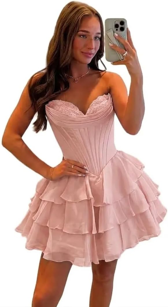 BABYONLINE D.R.E.S.S. Womens Corset Short Homecoming Dresses for Teens Strapless Floral Tiered Cocktail Party Gown