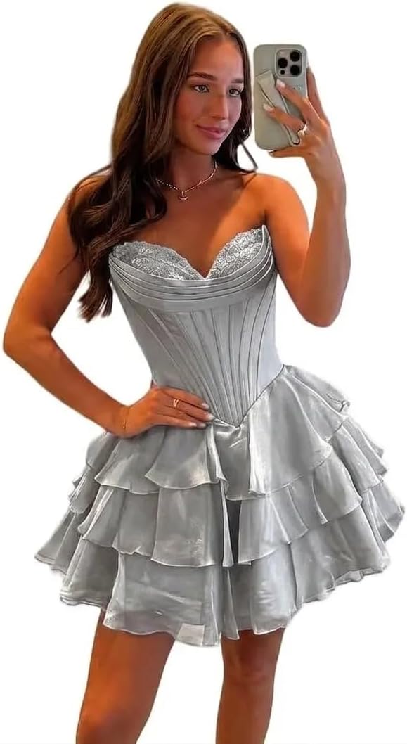 BABYONLINE D.R.E.S.S. Womens Corset Short Homecoming Dresses for Teens Strapless Floral Tiered Cocktail Party Gown