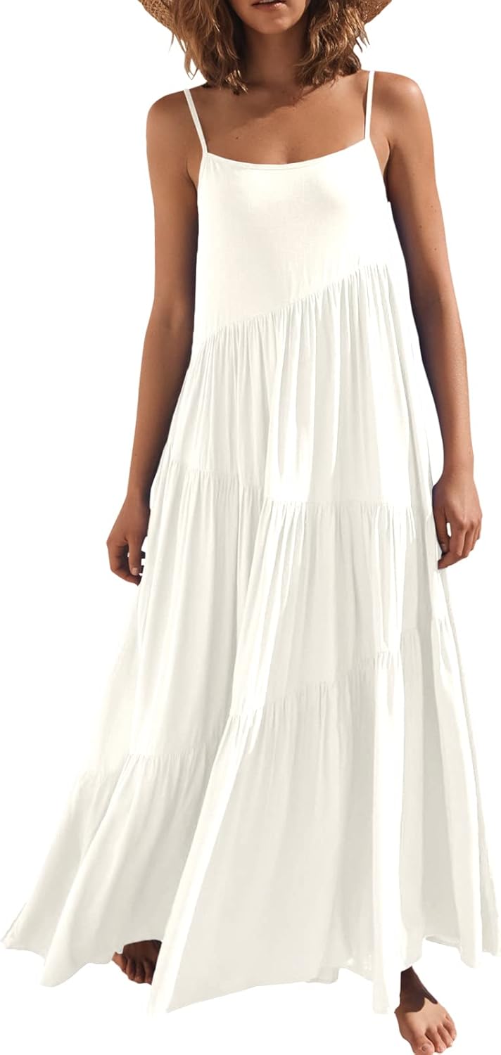 ANRABESS Women Summer Sleeveless Maxi Dress Flowy Boho Beach Sundress | Linen Like Fabric, Floral Casual Spaghetti Strap Long Dresses, A-Line Asymmetrical Tiered Loose Travel Vacation Outfits