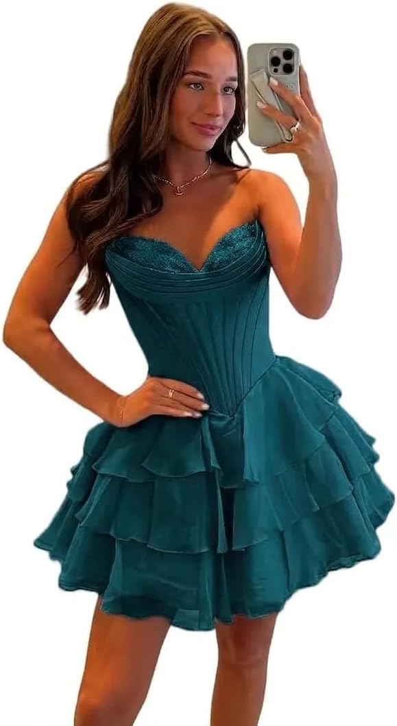 BABYONLINE D.R.E.S.S. Womens Corset Short Homecoming Dresses for Teens Strapless Floral Tiered Cocktail Party Gown