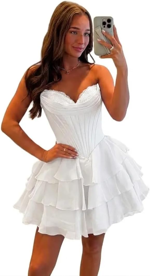 BABYONLINE D.R.E.S.S. Womens Corset Short Homecoming Dresses for Teens Strapless Floral Tiered Cocktail Party Gown