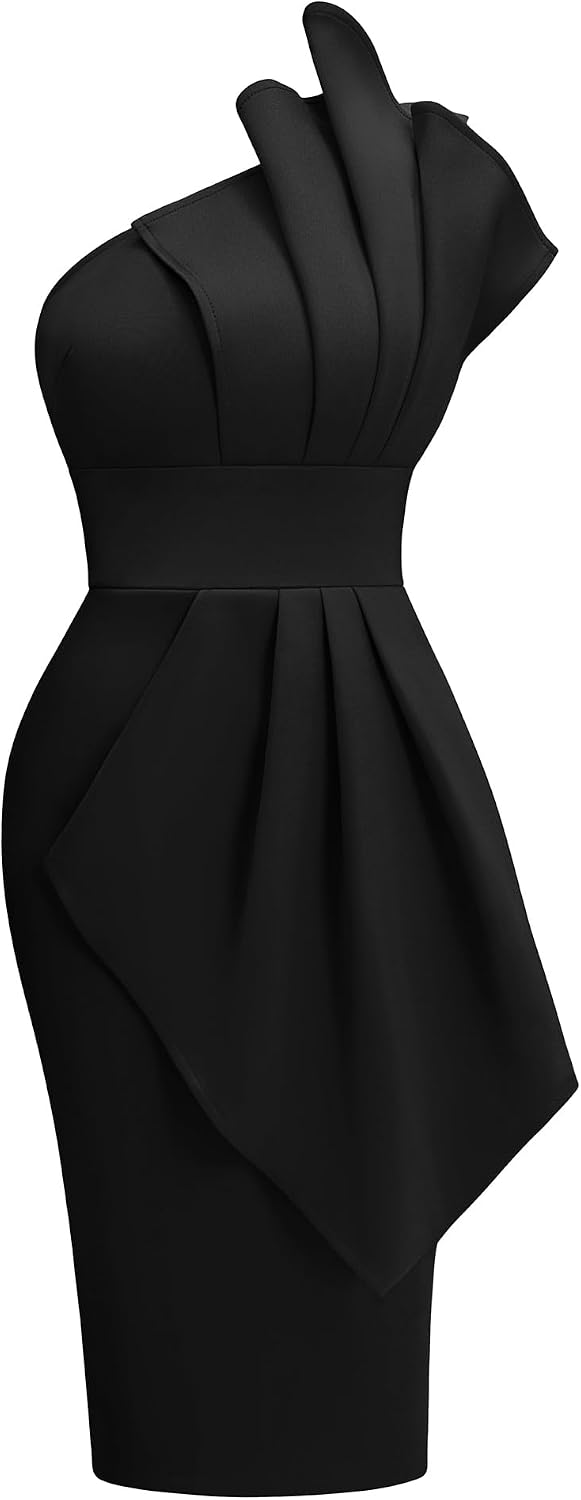 Memoriesea Women's One Shoulder Pleated Detail Party Midi Dress | Elegant Bodycon Dress,Midi Length,Stretchy Soft,Wedding Guest Party Dress,Homecoming,Vacation,Formal Event,Birthday,Cocktail
