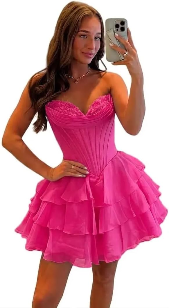 BABYONLINE D.R.E.S.S. Womens Corset Short Homecoming Dresses for Teens Strapless Floral Tiered Cocktail Party Gown