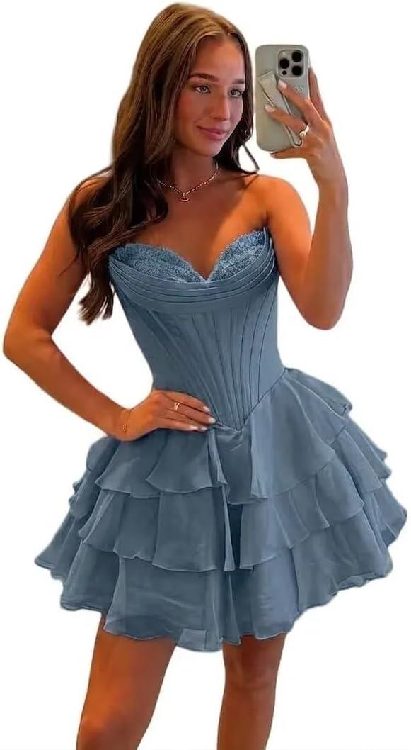 BABYONLINE D.R.E.S.S. Womens Corset Short Homecoming Dresses for Teens Strapless Floral Tiered Cocktail Party Gown