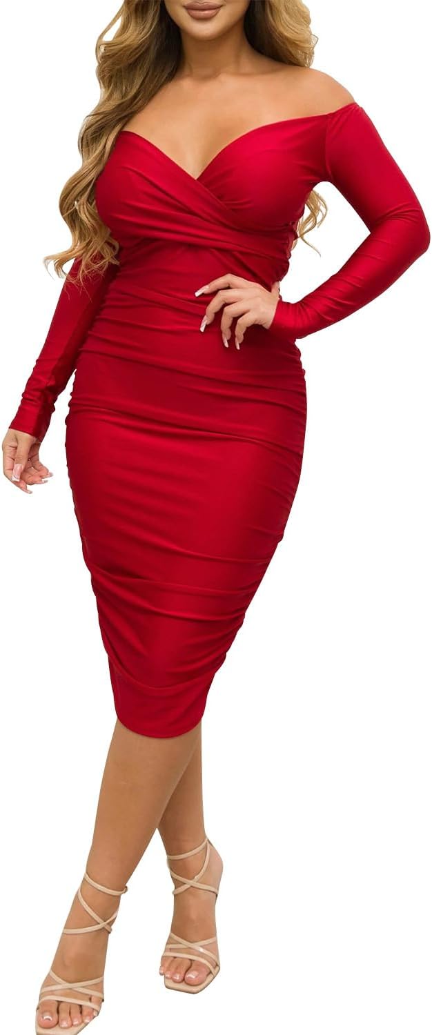 Ekaliy Women's Sexy Off Shoulder Midi Dress Long Sleeve Bodycon Dress | Off Shoulder,Bodycon,Midi Dress,Long Sleeve,Ruched Midi Dress Hugs Curves For Formal Occasions