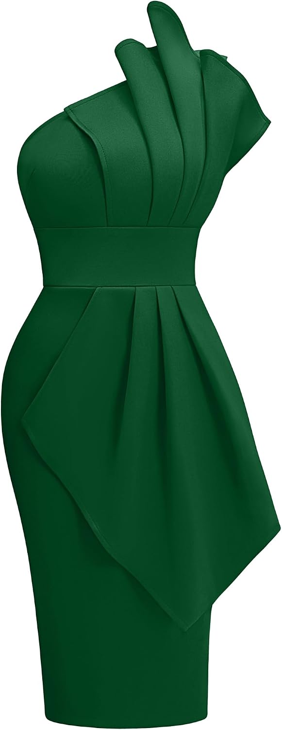 Memoriesea Women's One Shoulder Pleated Detail Party Midi Dress | Elegant Bodycon Dress,Midi Length,Stretchy Soft,Wedding Guest Party Dress,Homecoming,Vacation,Formal Event,Birthday,Cocktail