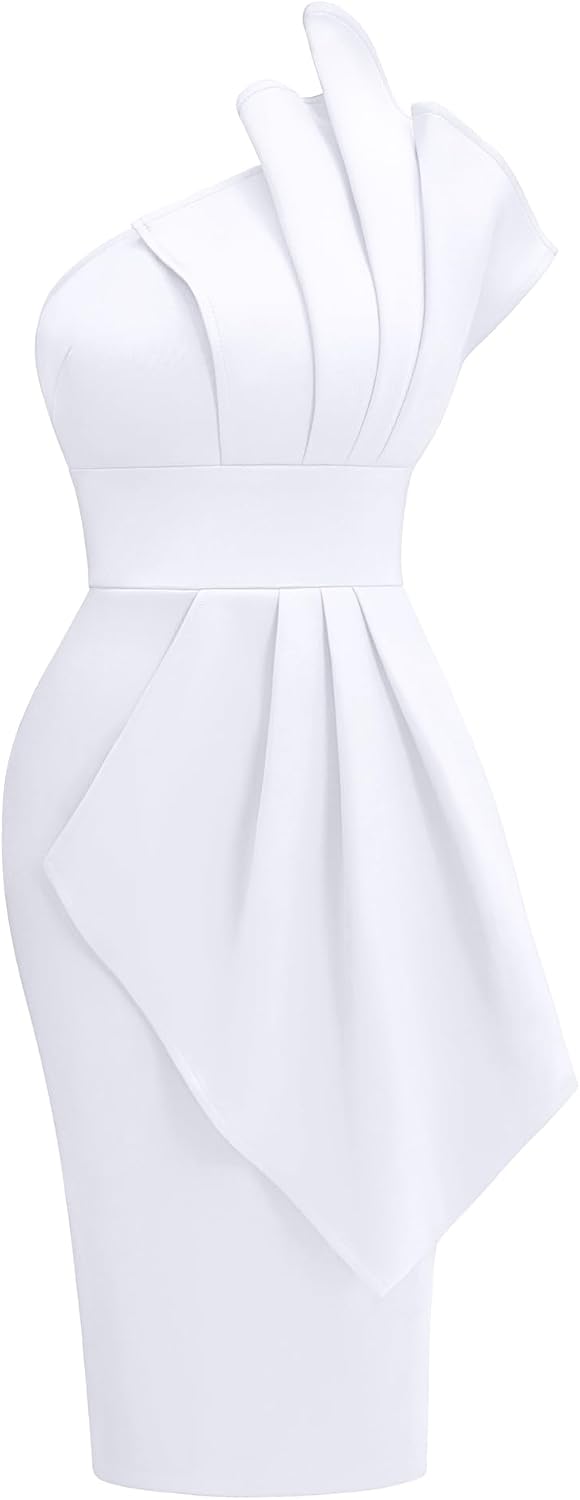 Memoriesea Women's One Shoulder Pleated Detail Party Midi Dress | Elegant Bodycon Dress,Midi Length,Stretchy Soft,Wedding Guest Party Dress,Homecoming,Vacation,Formal Event,Birthday,Cocktail