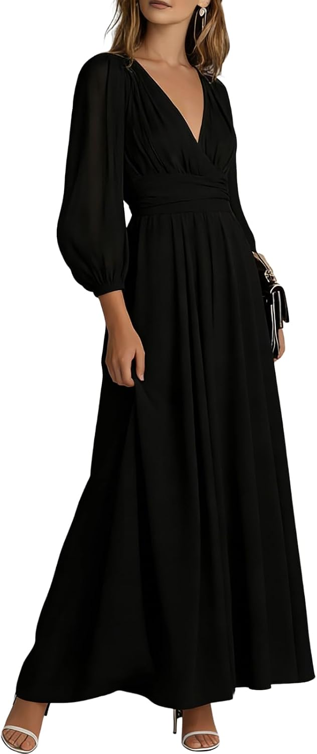XNC Long Sleeve Dresses for Women 2026 Summer Casual Floral Chiffon Dress | Long Sleeve, Deep V Neck, Flowy Maxi Wedding Guest Dress, Vacation Dress, 2026 Summer Dress, Boho Dress