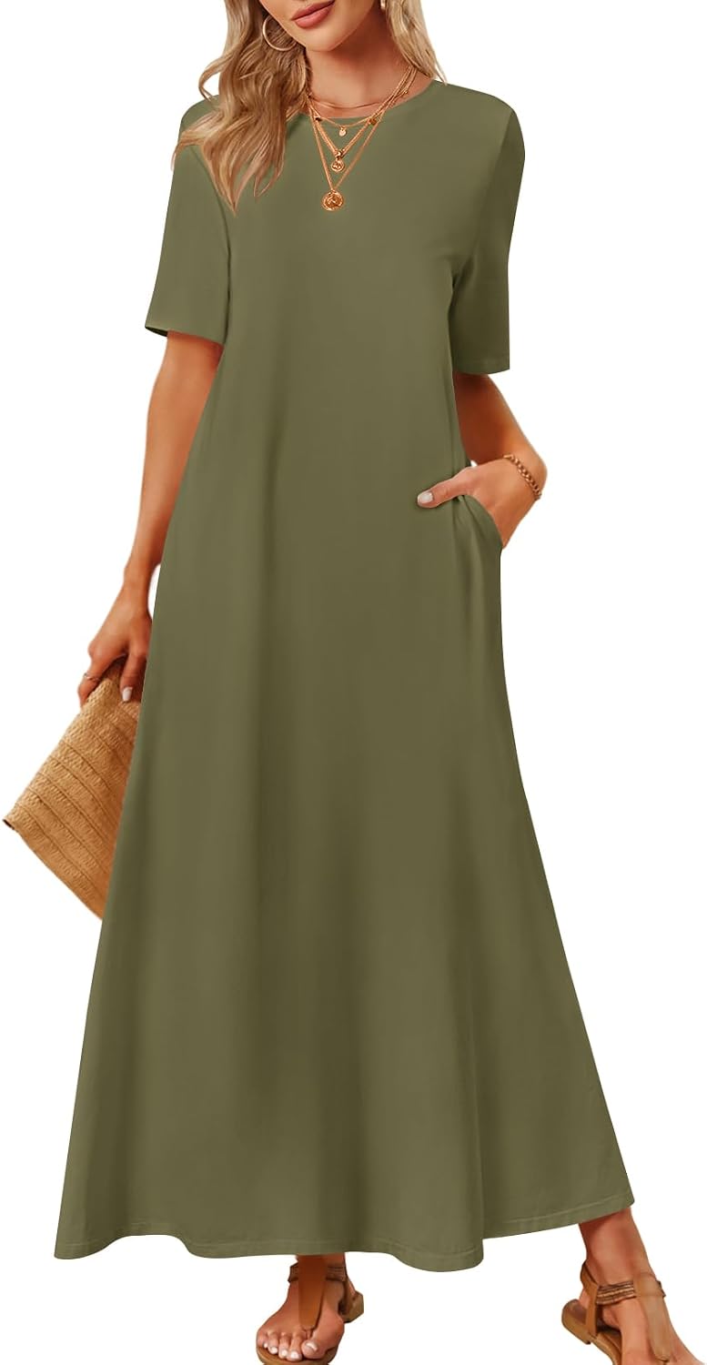 MEROKEETY Womens Summer Casual Short Sleeve Maxi Long Tshirt Dress 2026 | Ladies, Crew Neck, Loose Relaxed Fit, Solid Color, With Pockets, Ankle Length, Modest, Cotton, Classy, Basic, Vacation Outfit