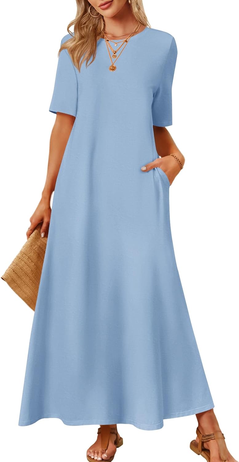 MEROKEETY Womens Summer Casual Short Sleeve Maxi Long Tshirt Dress 2026 | Ladies, Crew Neck, Loose Relaxed Fit, Solid Color, With Pockets, Ankle Length, Modest, Cotton, Classy, Basic, Vacation Outfit