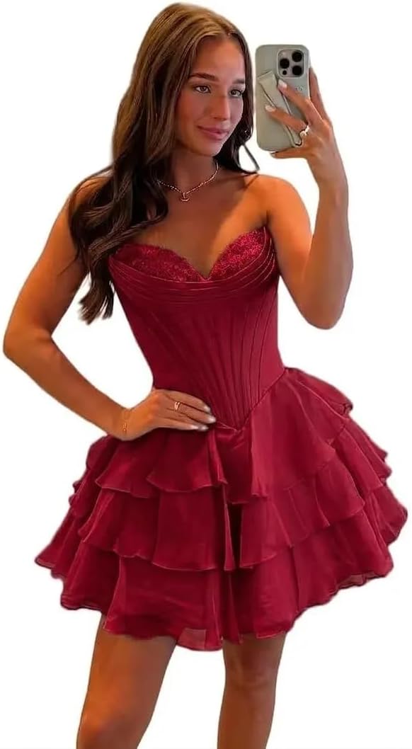 BABYONLINE D.R.E.S.S. Womens Corset Short Homecoming Dresses for Teens Strapless Floral Tiered Cocktail Party Gown