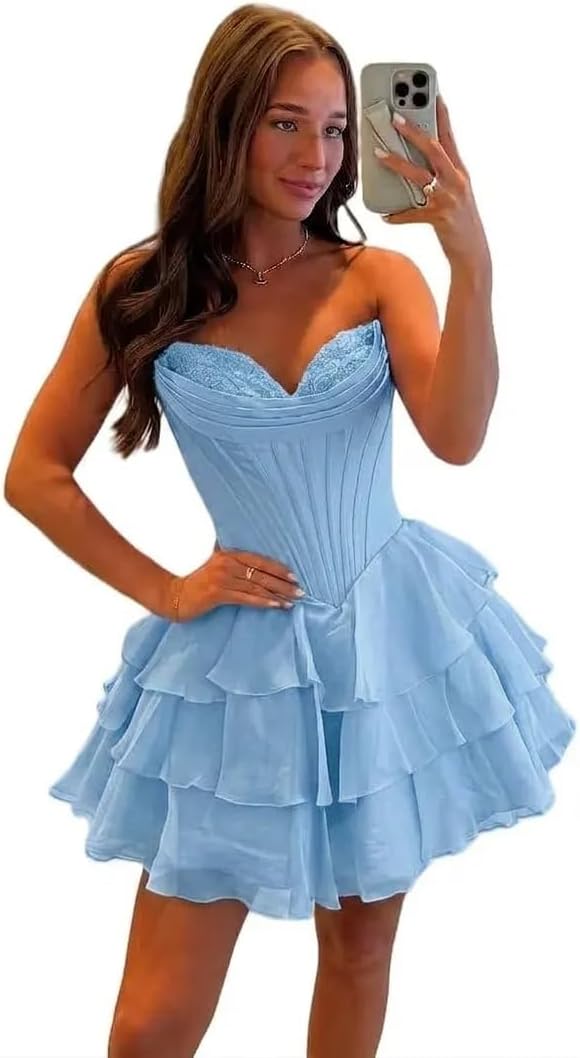 BABYONLINE D.R.E.S.S. Womens Corset Short Homecoming Dresses for Teens Strapless Floral Tiered Cocktail Party Gown