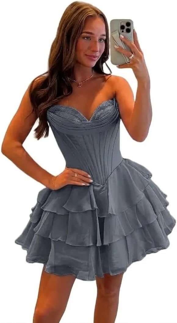 BABYONLINE D.R.E.S.S. Womens Corset Short Homecoming Dresses for Teens Strapless Floral Tiered Cocktail Party Gown