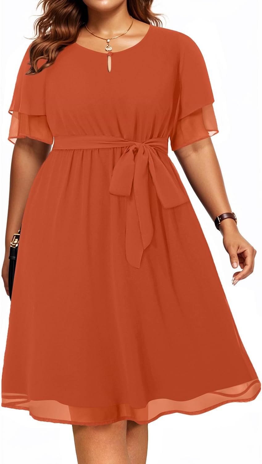 Pinup Fashion Plus Size Wedding Guest Cocktail Semi-Formal Chiffon Dress | Keyhole neck, flutter ruffle sleeves, detachable tie belt, flowy A-line skirt