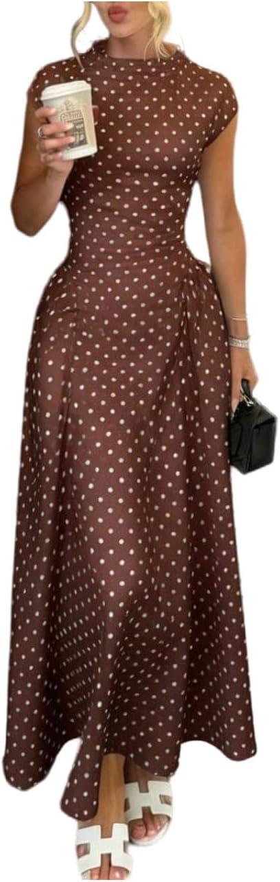 OYOANGLE Women's Polka Dots Cap Sleeve Maxi Dresses | Mock Neck, A Line Swing Dress, Vintage, Wedding Guest, 2026 Trendy, Casual, Dressy Long Dress