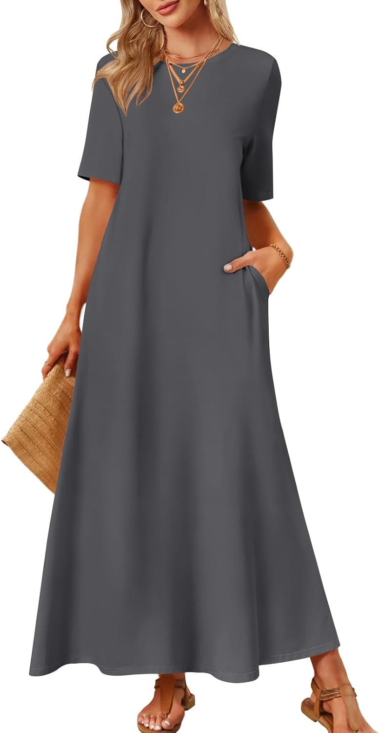 MEROKEETY Womens Summer Casual Short Sleeve Maxi Long Tshirt Dress 2026 | Ladies, Crew Neck, Loose Relaxed Fit, Solid Color, With Pockets, Ankle Length, Modest, Cotton, Classy, Basic, Vacation Outfit