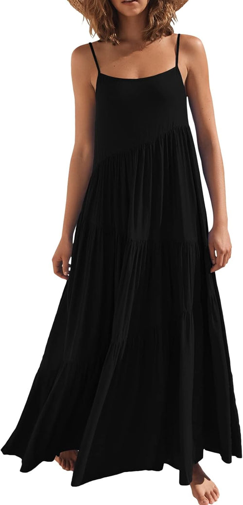 ANRABESS Women Summer Sleeveless Maxi Dress Flowy Boho Beach Sundress | Linen Like Fabric, Floral Casual Spaghetti Strap Long Dresses, A-Line Asymmetrical Tiered Loose Travel Vacation Outfits