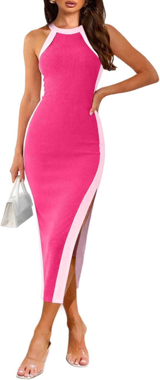 oten Women's Sleeveless Halter Ribbed Knit Bodycon Midi Slimming Side Slit Summer Night Out Vacation Dress