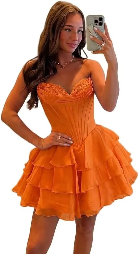 BABYONLINE D.R.E.S.S. Womens Corset Short Homecoming Dresses for Teens Strapless Floral Tiered Cocktail Party Gown