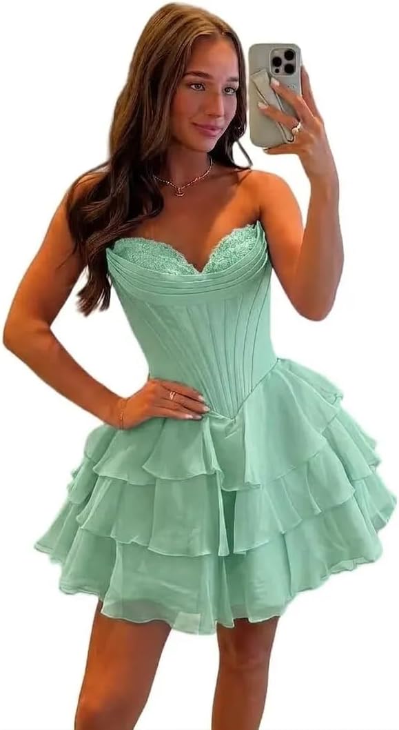 BABYONLINE D.R.E.S.S. Womens Corset Short Homecoming Dresses for Teens Strapless Floral Tiered Cocktail Party Gown