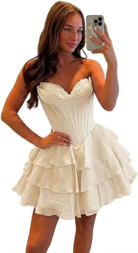 BABYONLINE D.R.E.S.S. Womens Corset Short Homecoming Dresses for Teens Strapless Floral Tiered Cocktail Party Gown