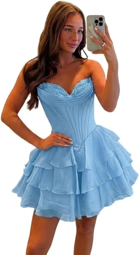 BABYONLINE D.R.E.S.S. Womens Corset Short Homecoming Dresses for Teens Strapless Floral Tiered Cocktail Party Gown