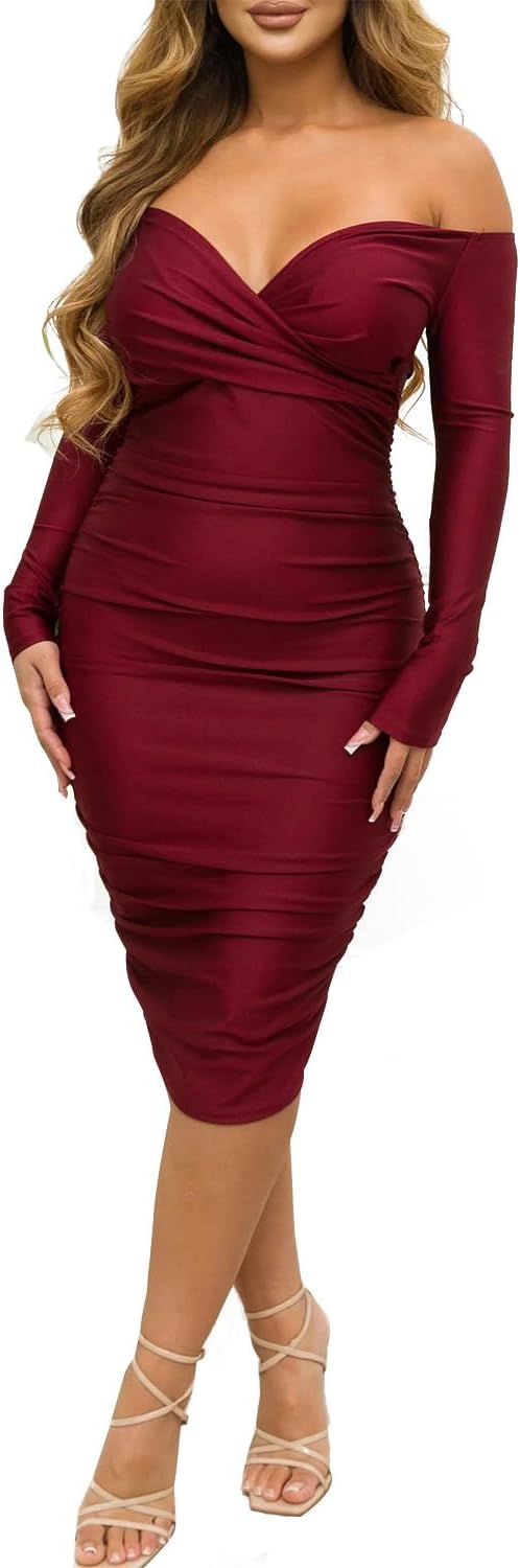 Ekaliy Women's Sexy Off Shoulder Midi Dress Long Sleeve Bodycon Dress | Off Shoulder,Bodycon,Midi Dress,Long Sleeve,Ruched Midi Dress Hugs Curves For Formal Occasions