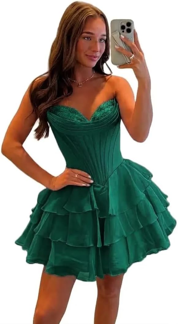 BABYONLINE D.R.E.S.S. Womens Corset Short Homecoming Dresses for Teens Strapless Floral Tiered Cocktail Party Gown