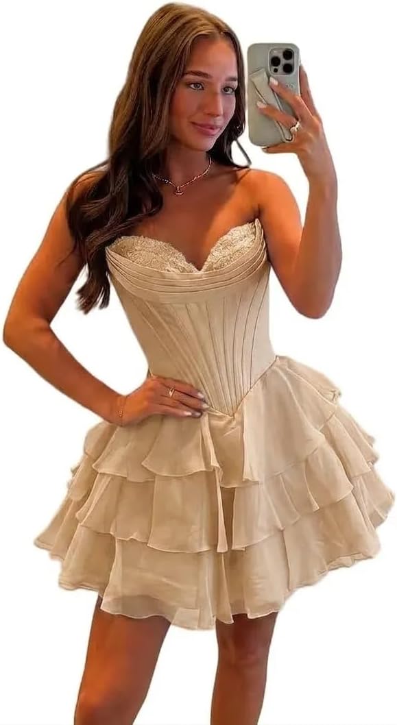 BABYONLINE D.R.E.S.S. Womens Corset Short Homecoming Dresses for Teens Strapless Floral Tiered Cocktail Party Gown