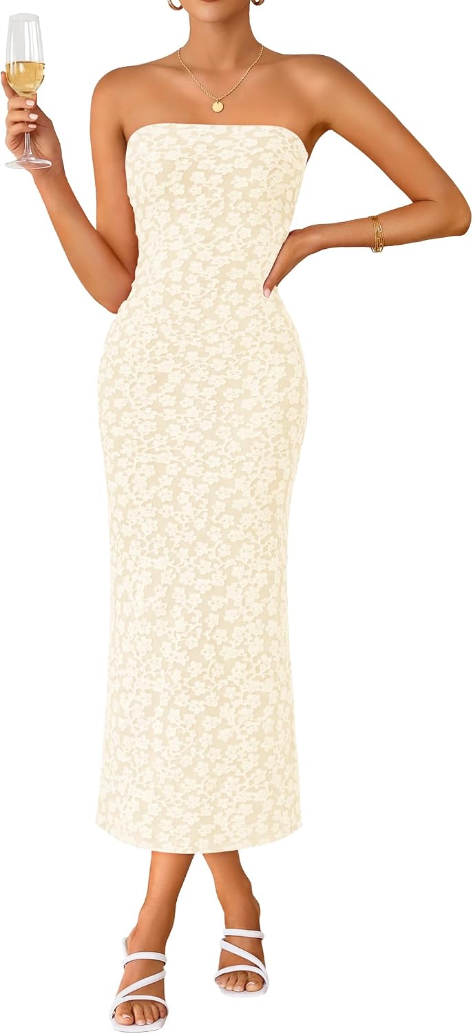 ZESICA Women's Floral Strapless Bodycon Weeding Guest Dress | Off Shoulder, Beach, Semi Formal, Graduation, Cocktail Party, Bridal Shower, Engagement, Long Dresses 2026 Summer Fashion