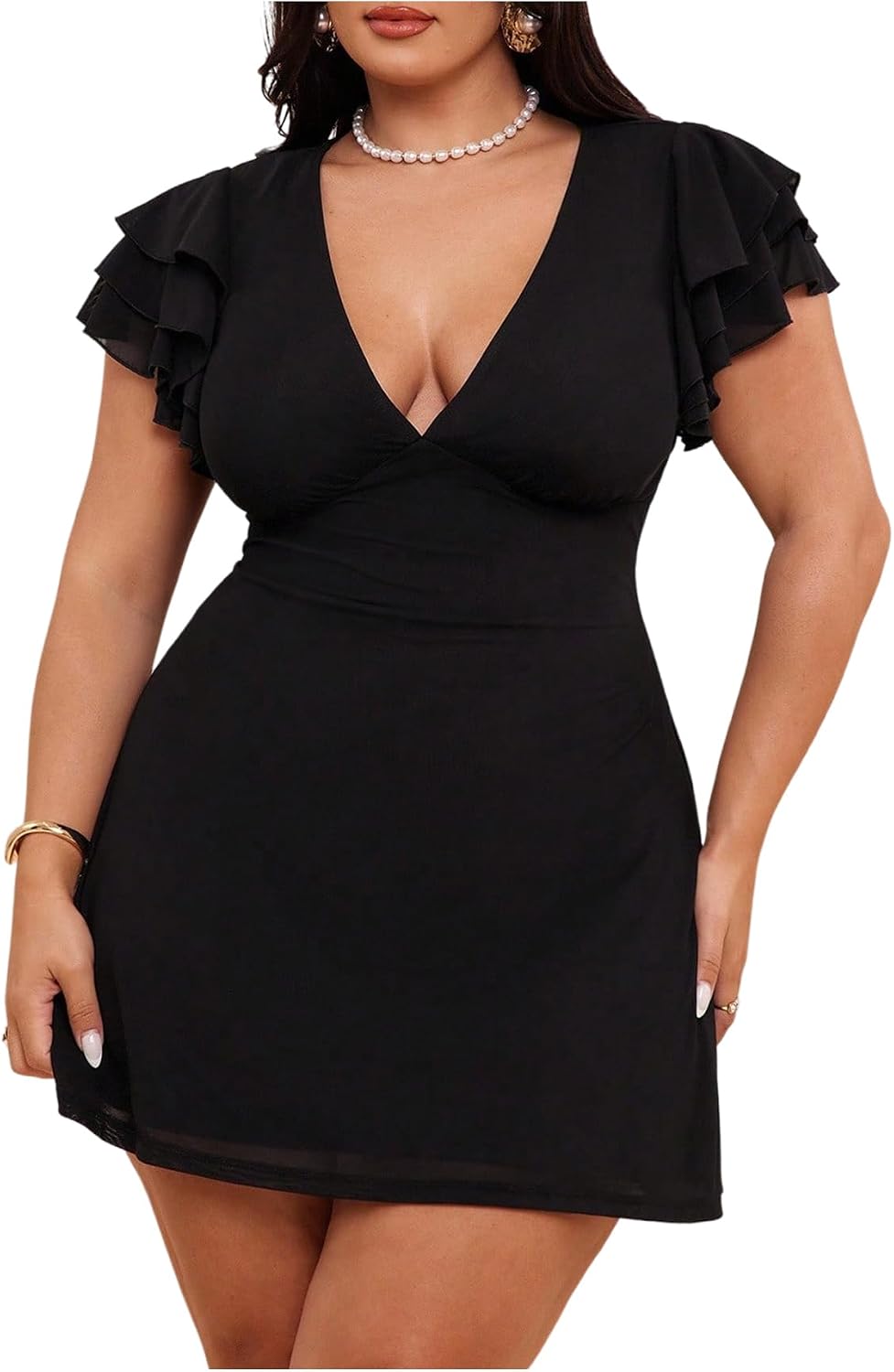 BEAUDRM Women's Plus Size Cocktail Floral Short Dress Wedding Guest Dresses | Deep V, Ruffle, Short Sleeve,Mesh, Bodycon, Date Night Dress, Party Going Out Dresses