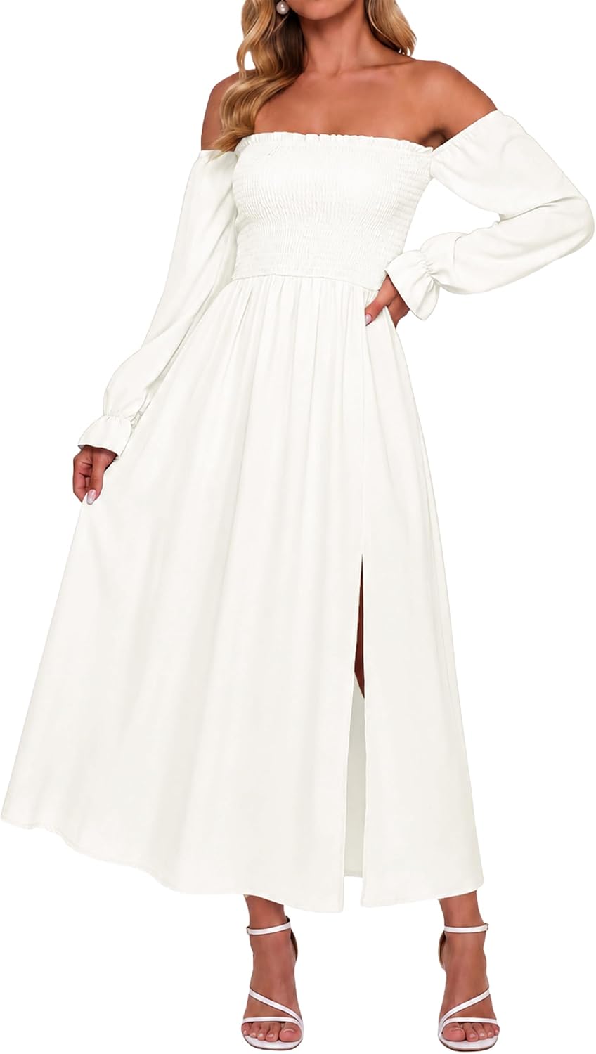 AUMORA Womens Maxi Dress Off Shoulder Long Sleeve Boho Flowy Dresses | Puff Sleeve A Line Long Dresses, Side Split Hem,Side Pockets,Wedding Guest Dress, 2026 Fall Winter Holiday Party Outfits