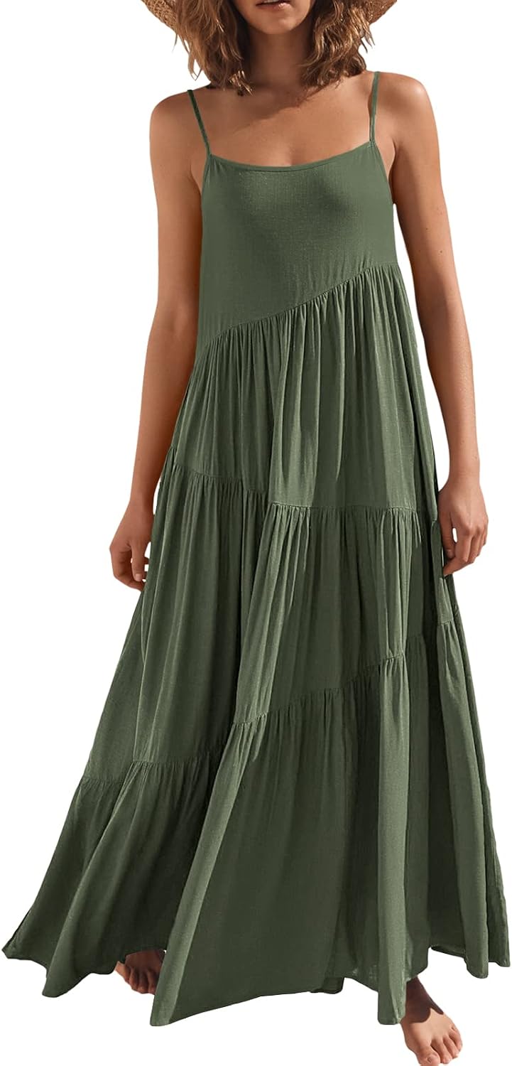 ANRABESS Women Summer Sleeveless Maxi Dress Flowy Boho Beach Sundress | Linen Like Fabric, Floral Casual Spaghetti Strap Long Dresses, A-Line Asymmetrical Tiered Loose Travel Vacation Outfits