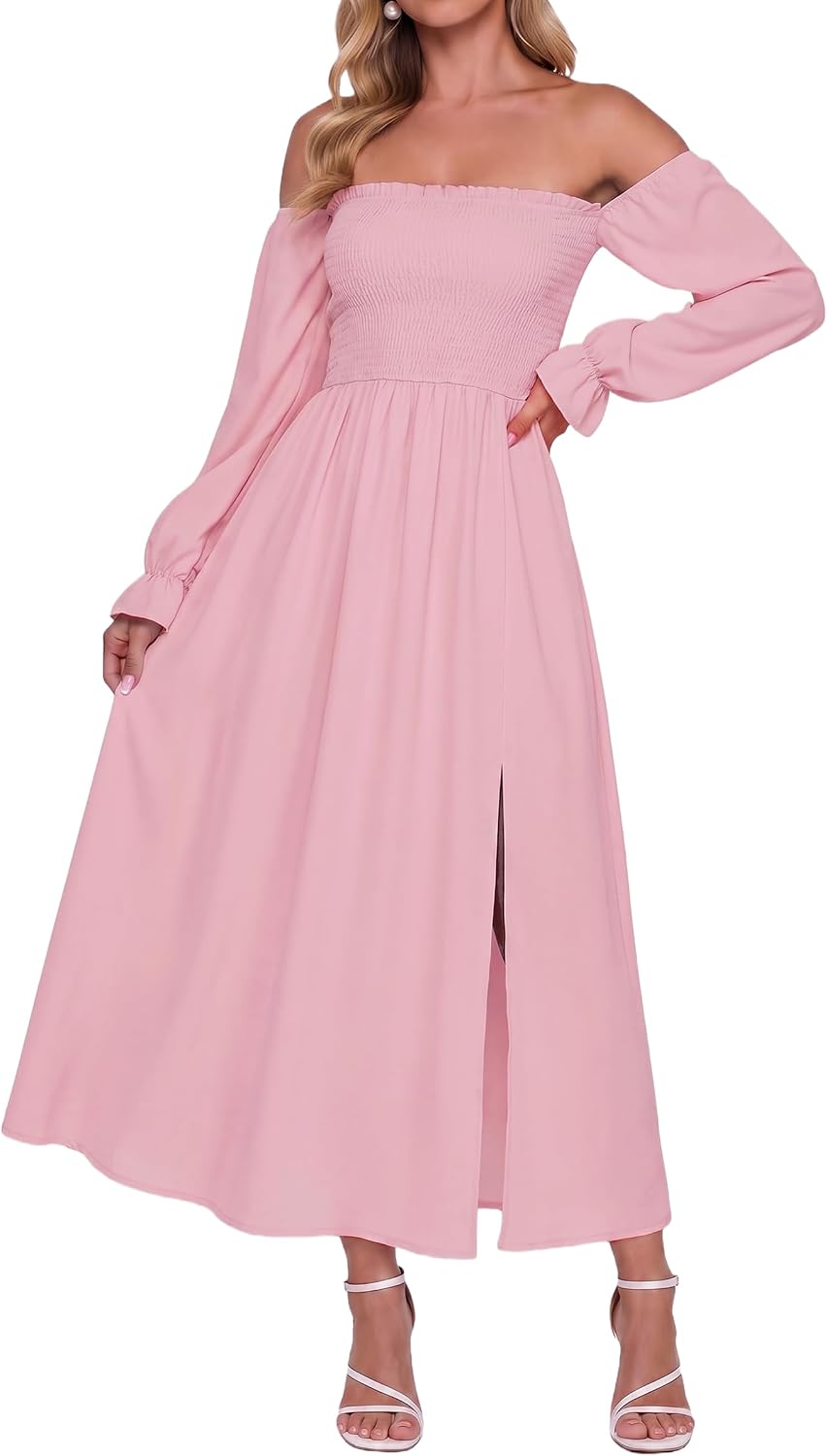 AUMORA Womens Maxi Dress Off Shoulder Long Sleeve Boho Flowy Dresses | Puff Sleeve A Line Long Dresses, Side Split Hem,Side Pockets,Wedding Guest Dress, 2026 Fall Winter Holiday Party Outfits