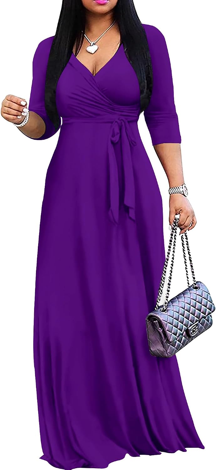 Mrskoala Women Plus Size Long Maxi Wrap Dresses Summer Sundress V-Neck 3\/4 Sleeve