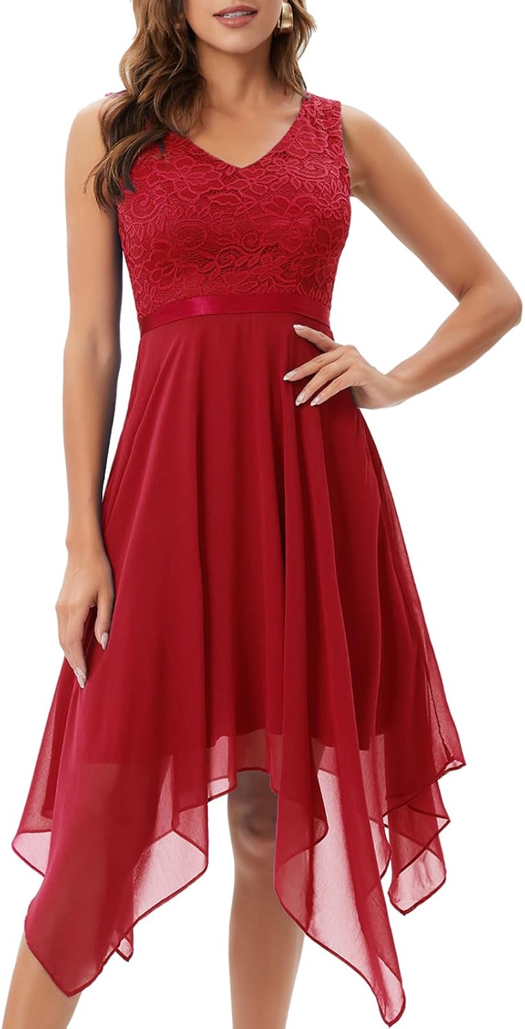 Meetjen Women's Cocktail Dress Lace Formal Wedding Guest Dresses | Summer Party Dress, Handkerchief Hem, V-Neck, High waist, A-line Bridesmaid Dress Prom, Homecoming Dresses 2026