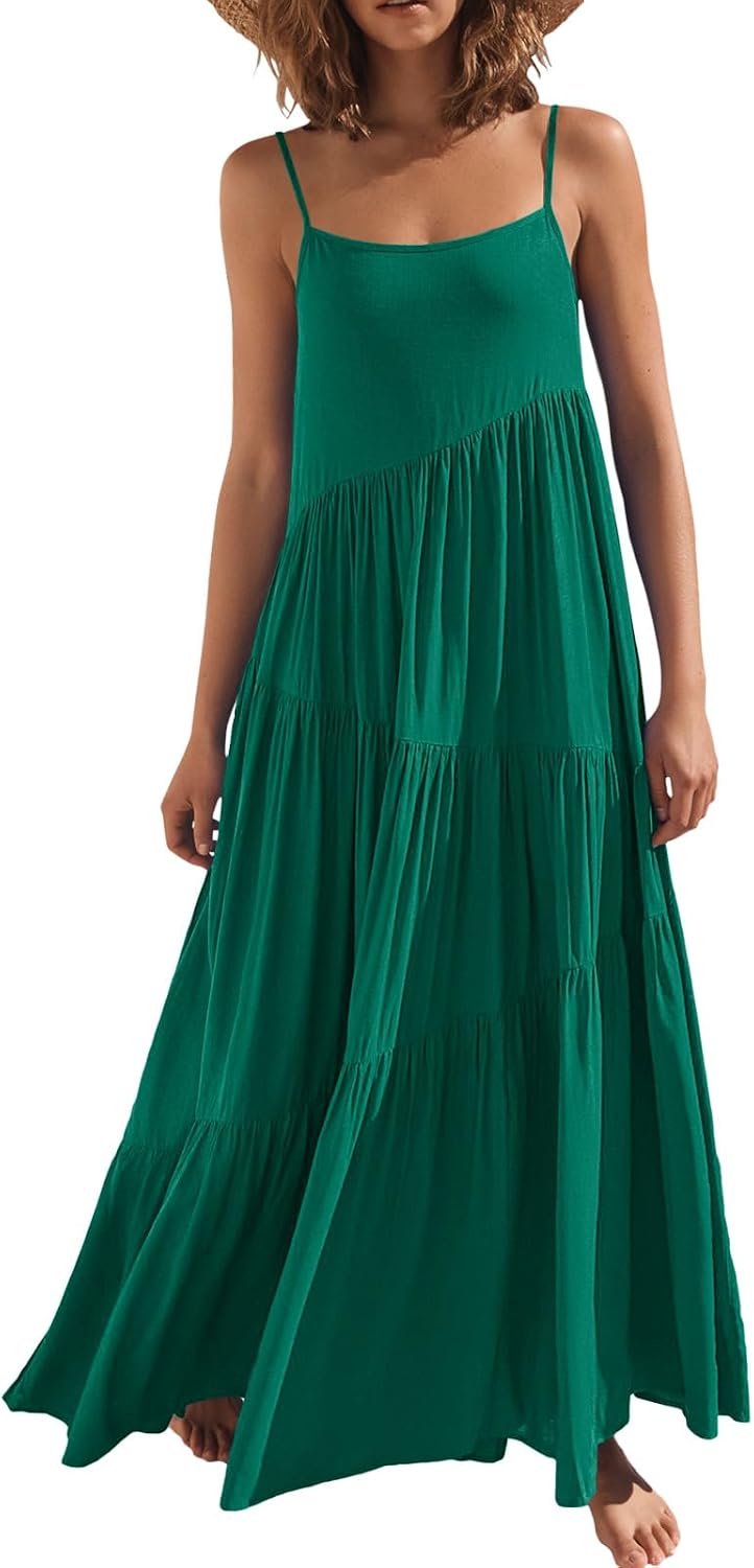 ANRABESS Women Summer Sleeveless Maxi Dress Flowy Boho Beach Sundress | Linen Like Fabric, Floral Casual Spaghetti Strap Long Dresses, A-Line Asymmetrical Tiered Loose Travel Vacation Outfits