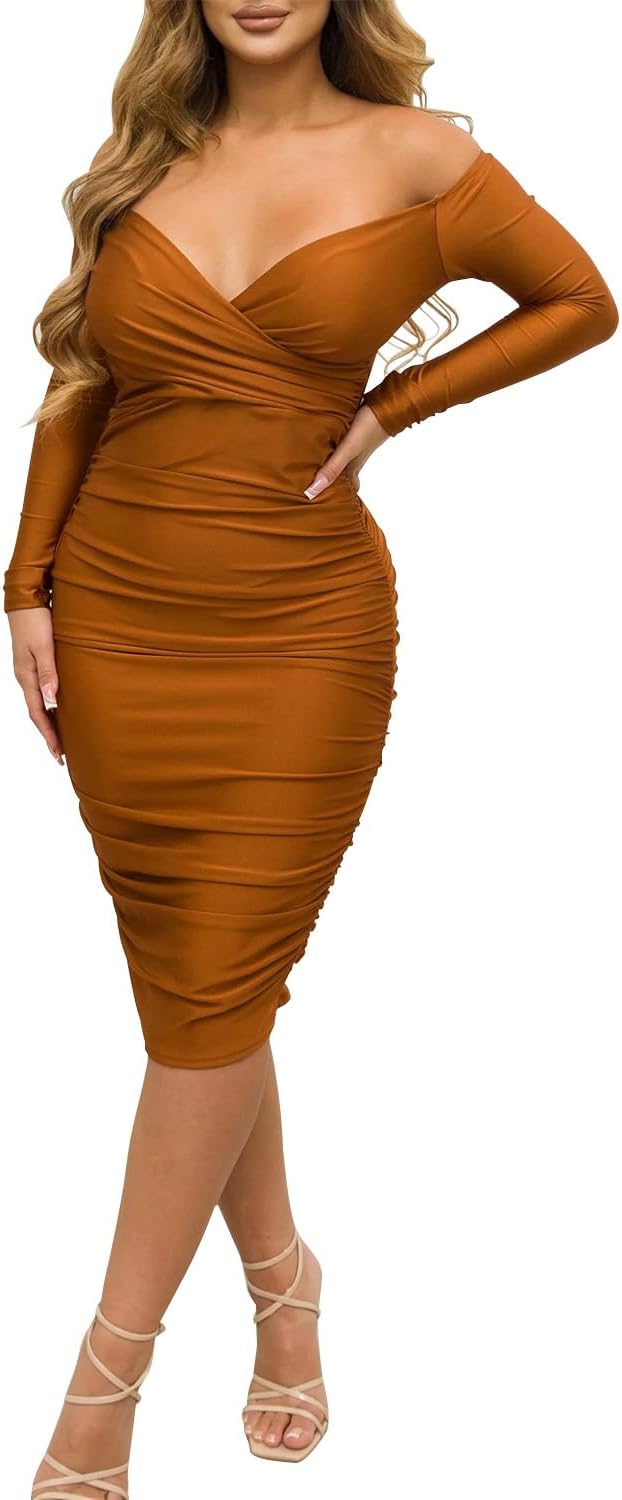 Ekaliy Women's Sexy Off Shoulder Midi Dress Long Sleeve Bodycon Dress | Off Shoulder,Bodycon,Midi Dress,Long Sleeve,Ruched Midi Dress Hugs Curves For Formal Occasions