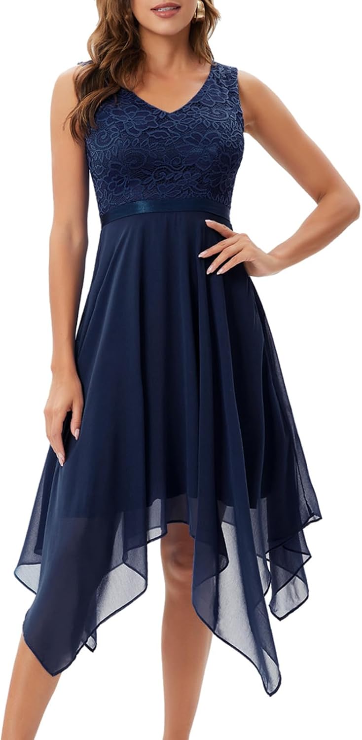Meetjen Women's Cocktail Dress Lace Formal Wedding Guest Dresses | Summer Party Dress, Handkerchief Hem, V-Neck, High waist, A-line Bridesmaid Dress Prom, Homecoming Dresses 2026