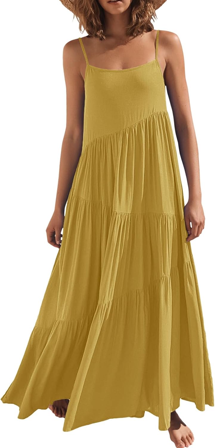 ANRABESS Women Summer Sleeveless Maxi Dress Flowy Boho Beach Sundress | Linen Like Fabric, Floral Casual Spaghetti Strap Long Dresses, A-Line Asymmetrical Tiered Loose Travel Vacation Outfits
