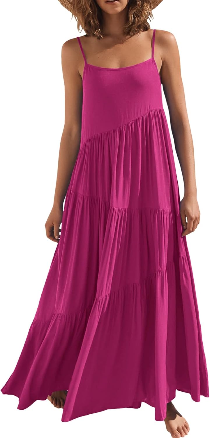 ANRABESS Women Summer Sleeveless Maxi Dress Flowy Boho Beach Sundress | Linen Like Fabric, Floral Casual Spaghetti Strap Long Dresses, A-Line Asymmetrical Tiered Loose Travel Vacation Outfits