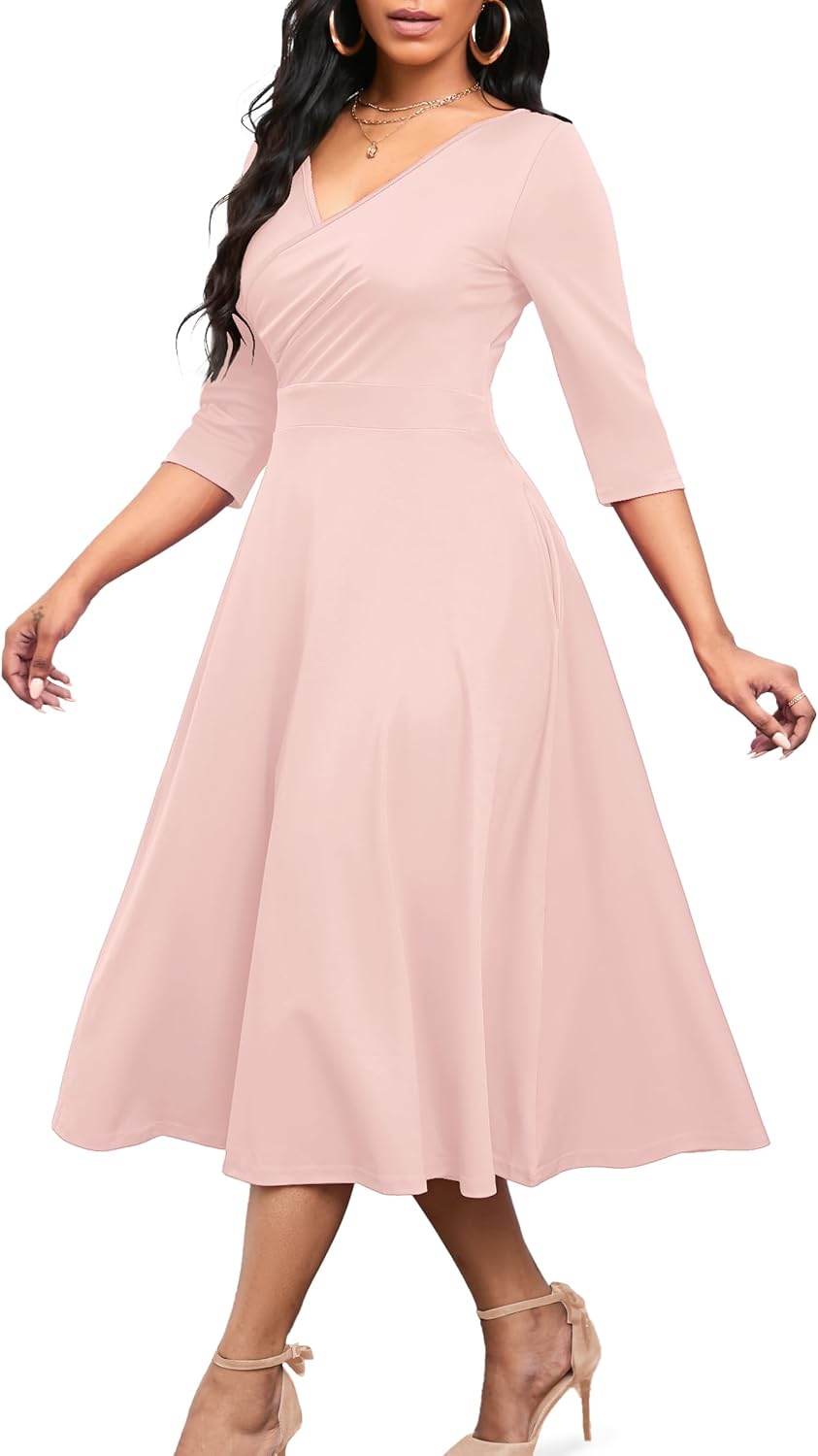 Nmoder Womens Midi Dress 3\/4 Sleeve V Neck Cocktail Dress with Pockets | Empire waist fit and flare wedding guest tea party church dress\/ a line semi formal elegant wrap dress for business work