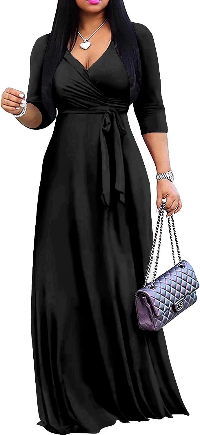 Mrskoala Women Plus Size Long Maxi Wrap Dresses Summer Sundress V-Neck 3\/4 Sleeve